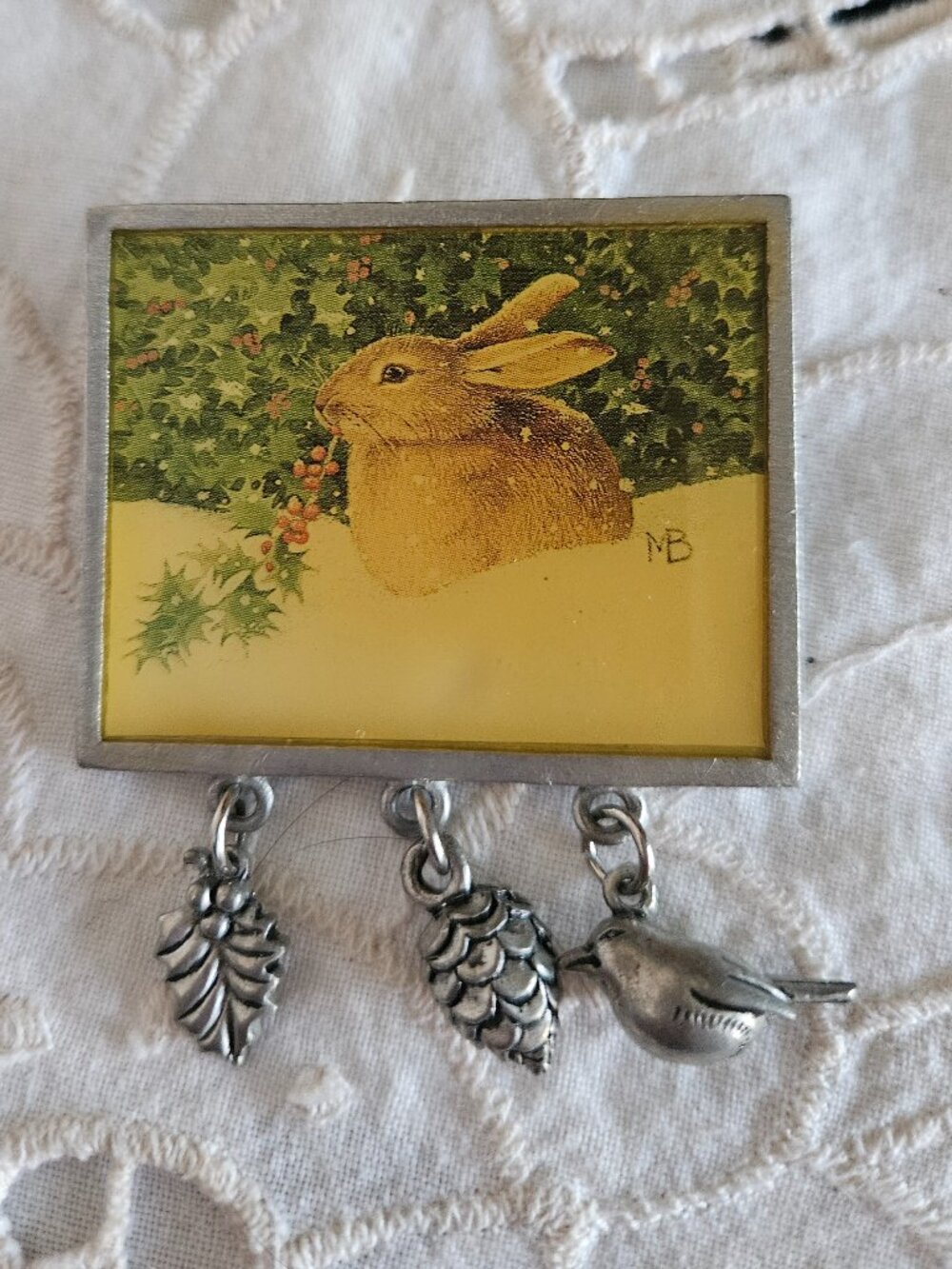 Marjolein Bastin Hallmark vintage brooch - sepia-toned snow bunny